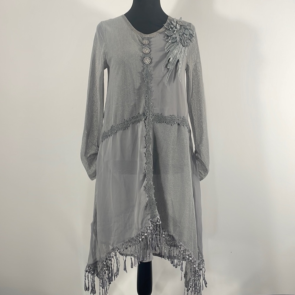 Pretty Angel Tunic,Dress,Fringe details,Sheer, Long Sleeve,Gray, Small,NWT